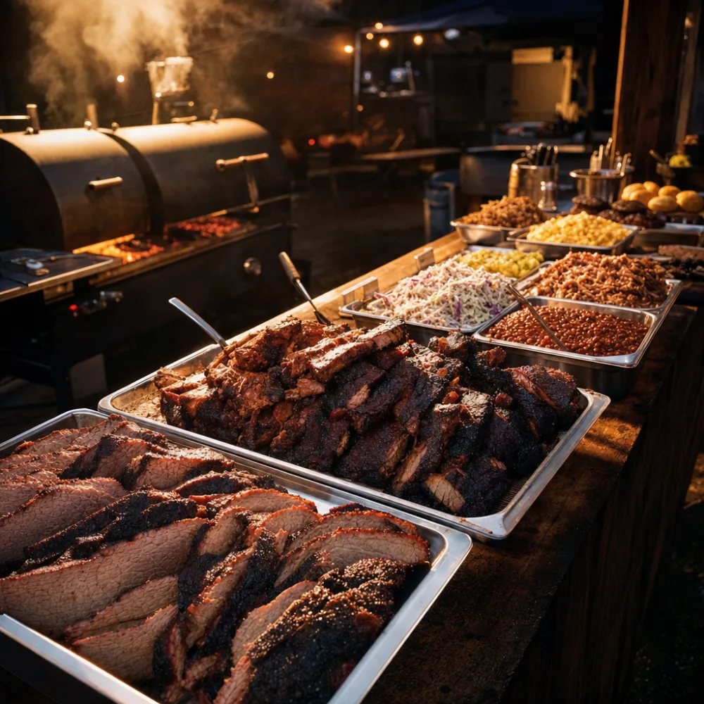 Rolling Ember BBQ catering spread laid out on a serving table