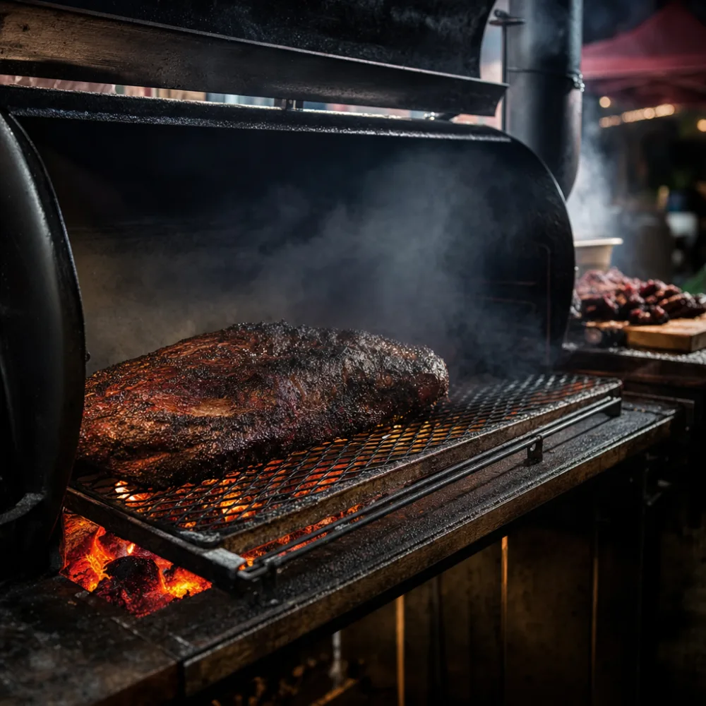 The offset smoker open with brisket over glowing embers