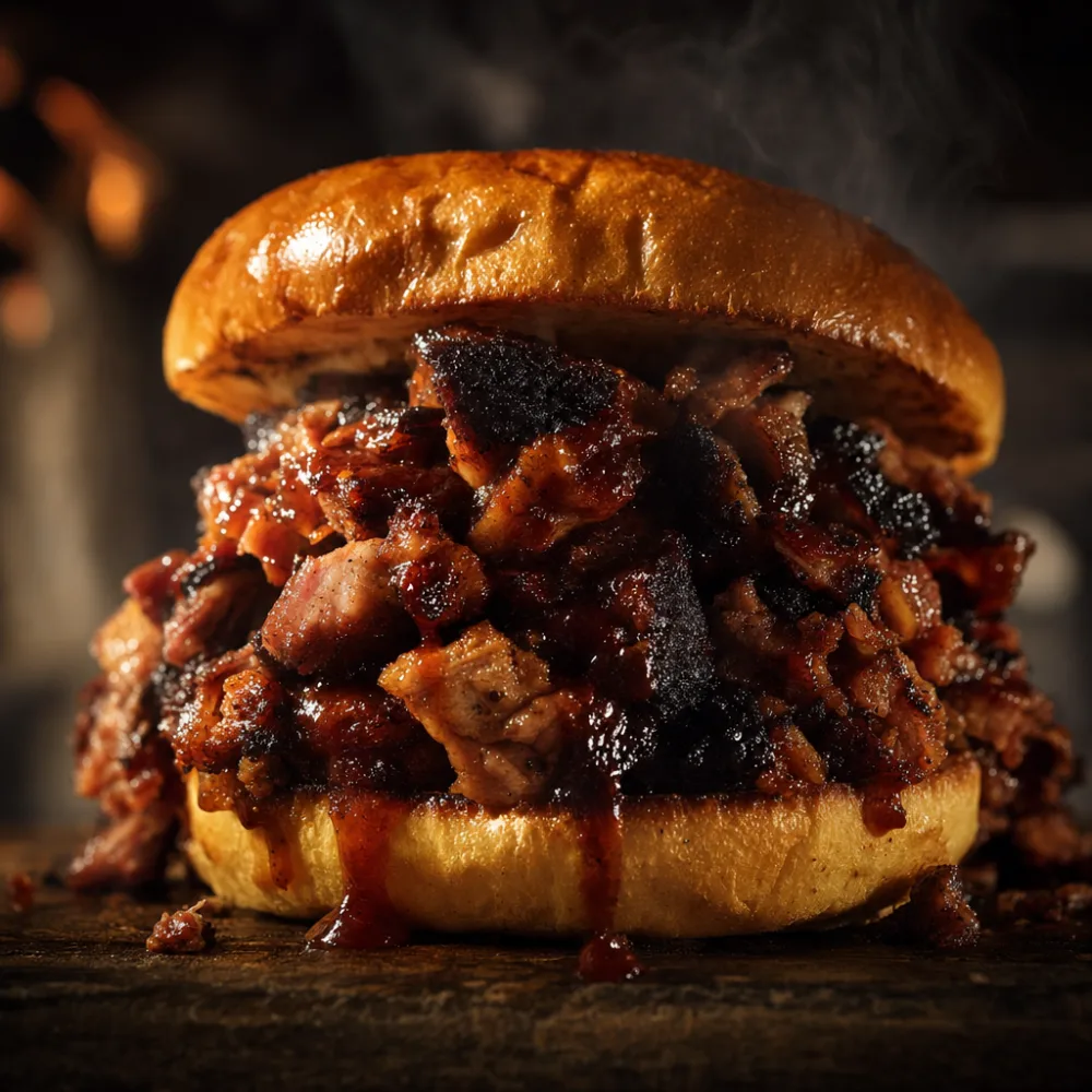 Rolling Ember BBQ burnt-end sandwich stacked with double-smoked brisket points