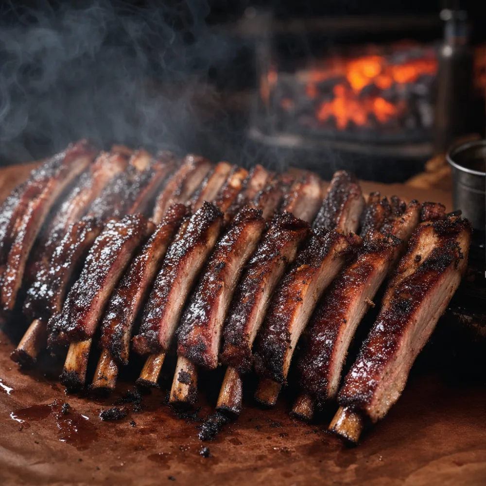Sliced rack of glazed Rolling Ember BBQ ribs