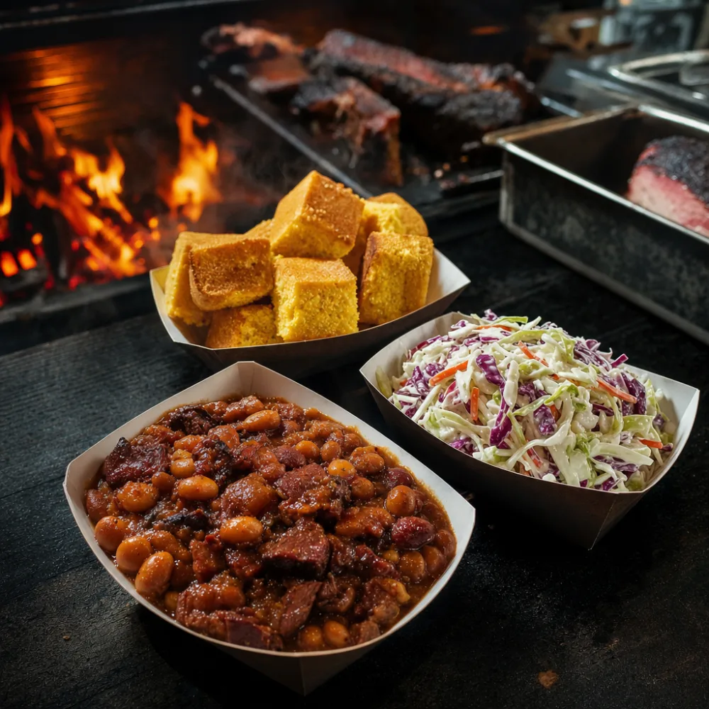 Spread of Rolling Ember BBQ sides — pit beans, slaw, cornbread, and smoked mac